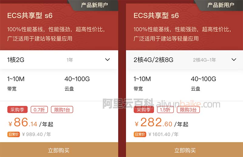 阿里云服务器ECS共享型s6实例