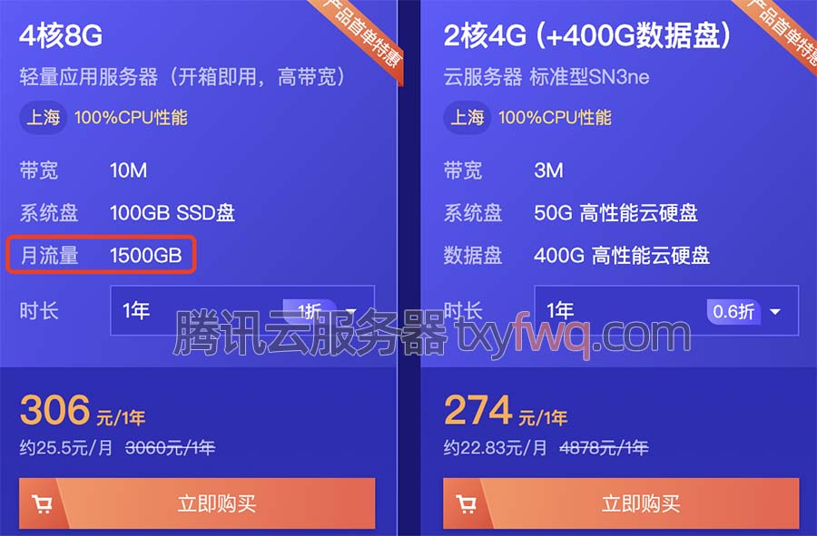 腾讯云4核8G轻量服务器1500G月流量