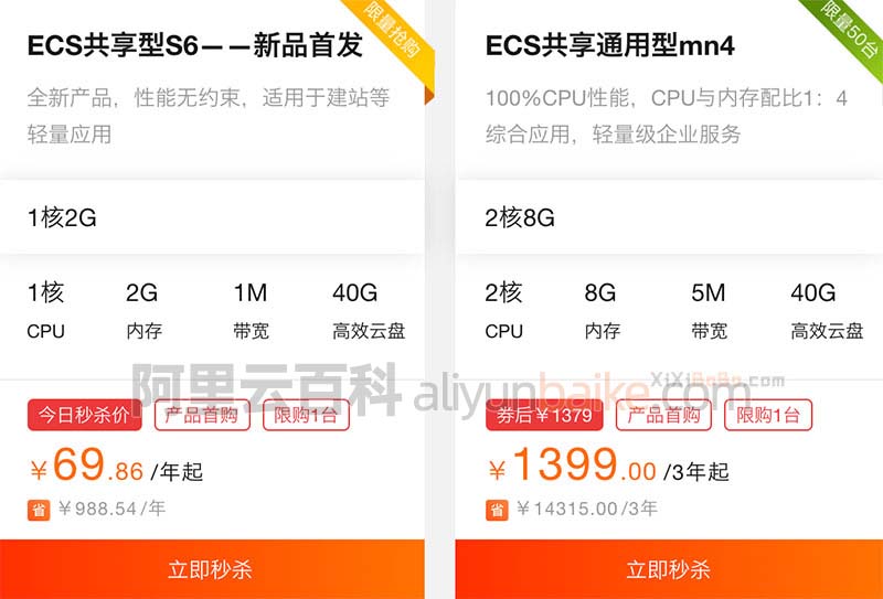 阿里云服务器ECS共享型s6实例69元一年