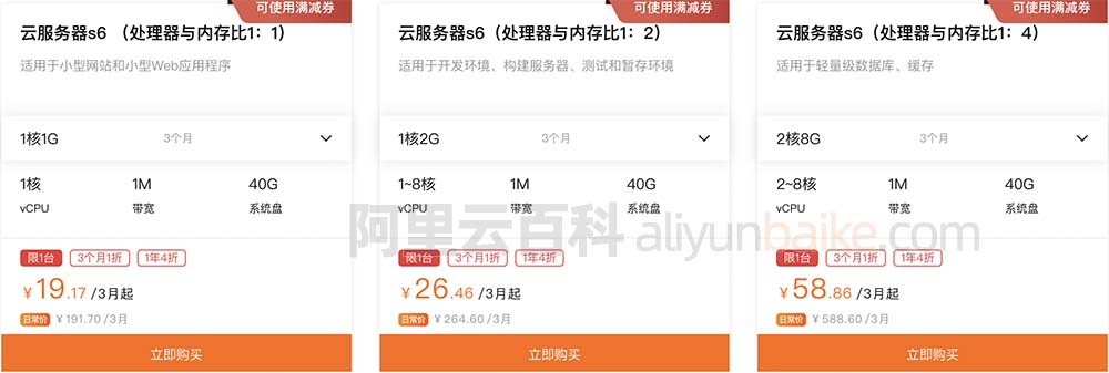 阿里云服务器ECS共享型s6优惠价格表