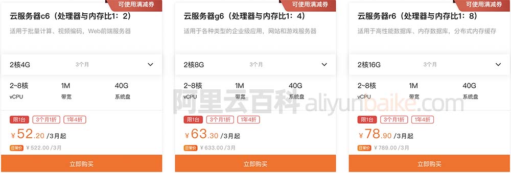 阿里云服务器计算型c6、通用型g6和内存型r6