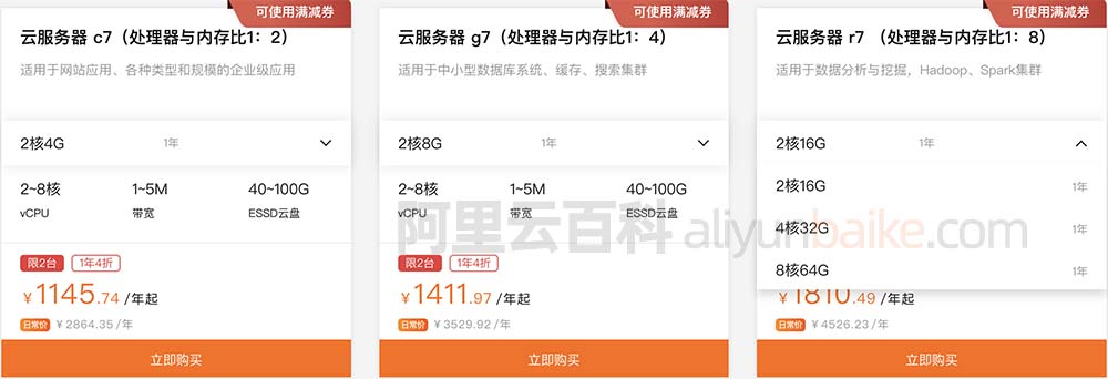阿里云服务器计算型c7、通用型g7和内存型r7