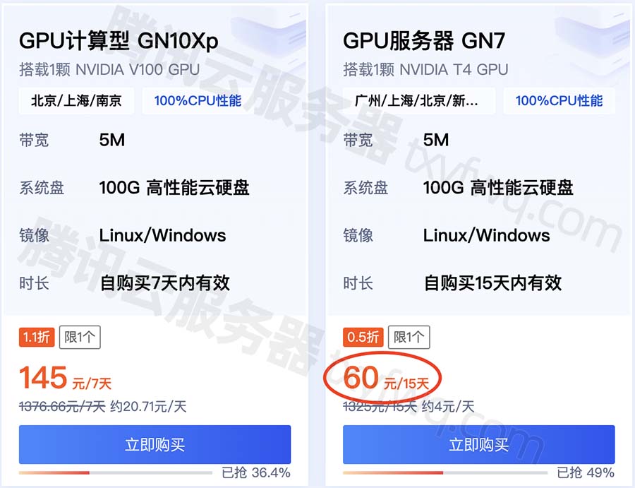 腾讯云GPU服务器优惠价60元15天