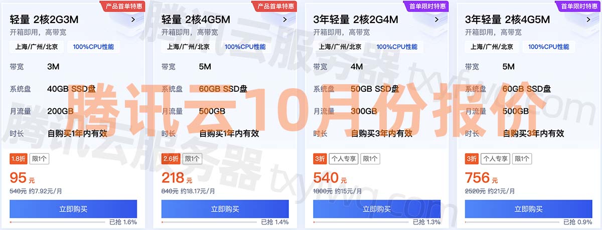 腾讯云服务器10月价格表