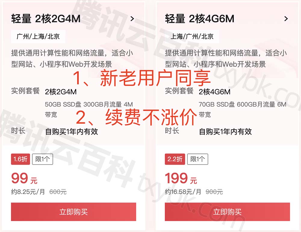 腾讯云新老同享服务器99元和199元服务器