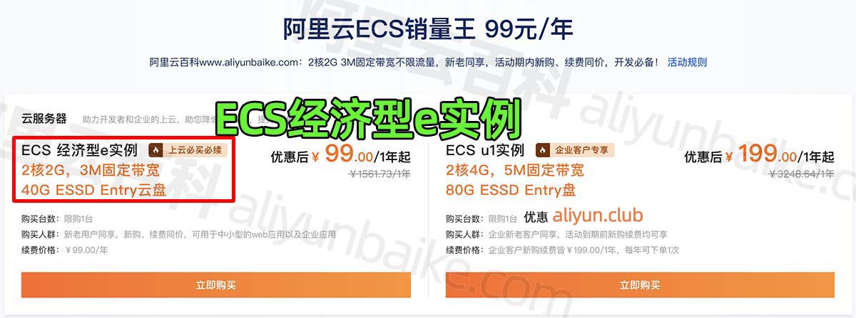 阿里云服务器ECS经济型e实例价格99元一年